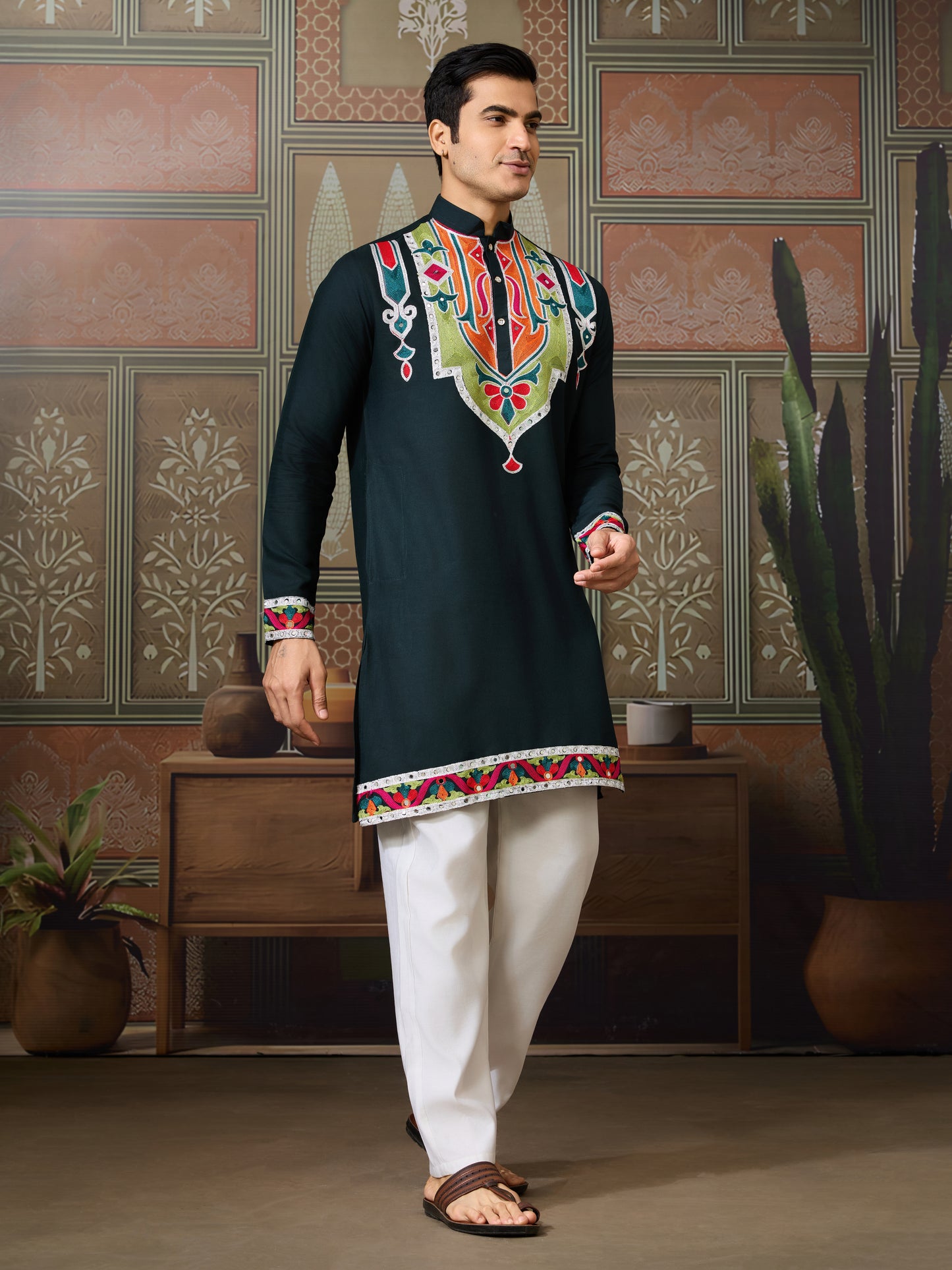 Green Embroidered Festival Wear Kurta for Men