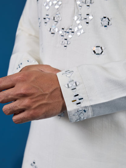 White Real Mirror Work Kurta Pant Set for Mens Wear