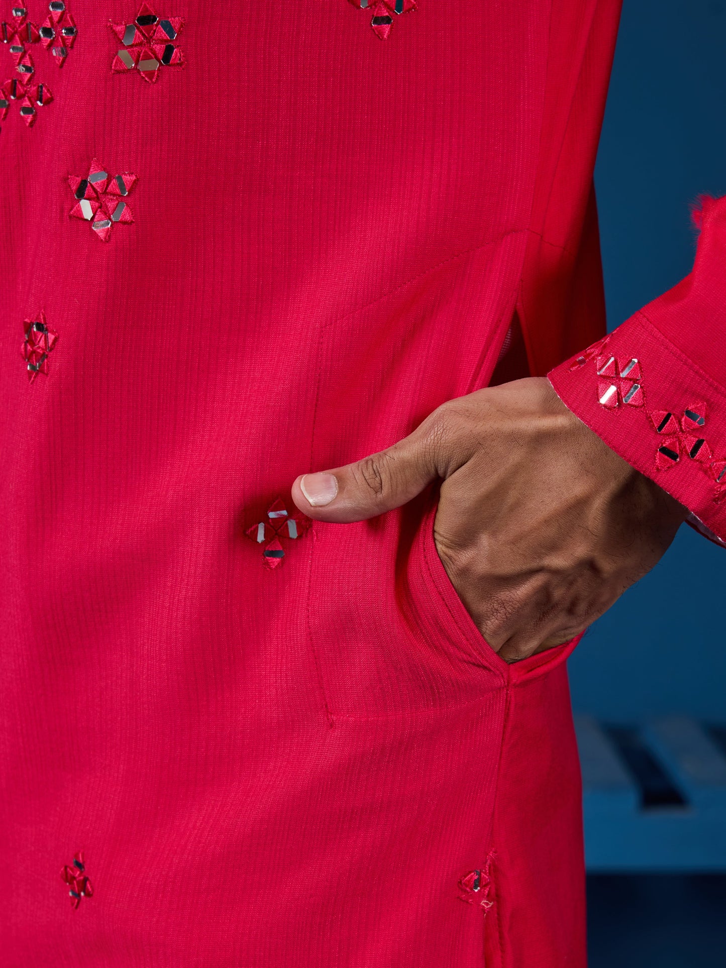 Designer Rani Mirror Embroidered Kurta for Mens Wear