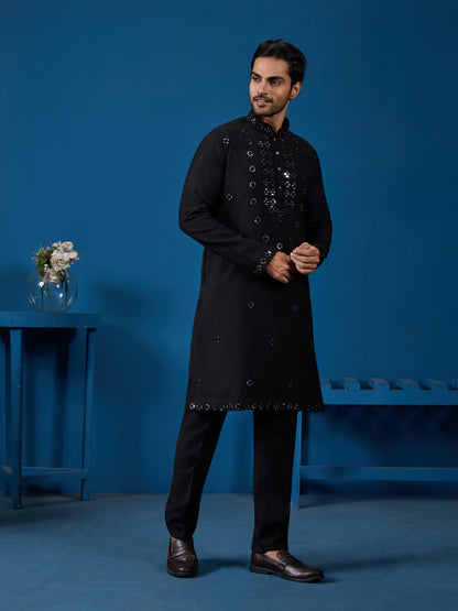 Classy Black Mirror Kurta Pant Wedding Outfit for Mens