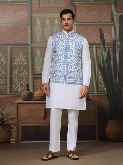 Traditional White Kurta Blue Koti Pajama for Men