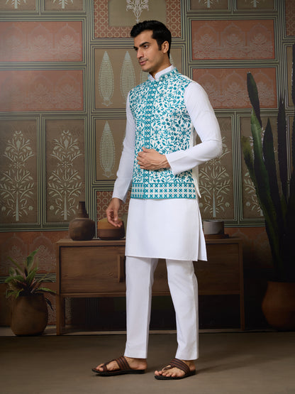 Traditional White Kurta with Teal Green Koti for Men