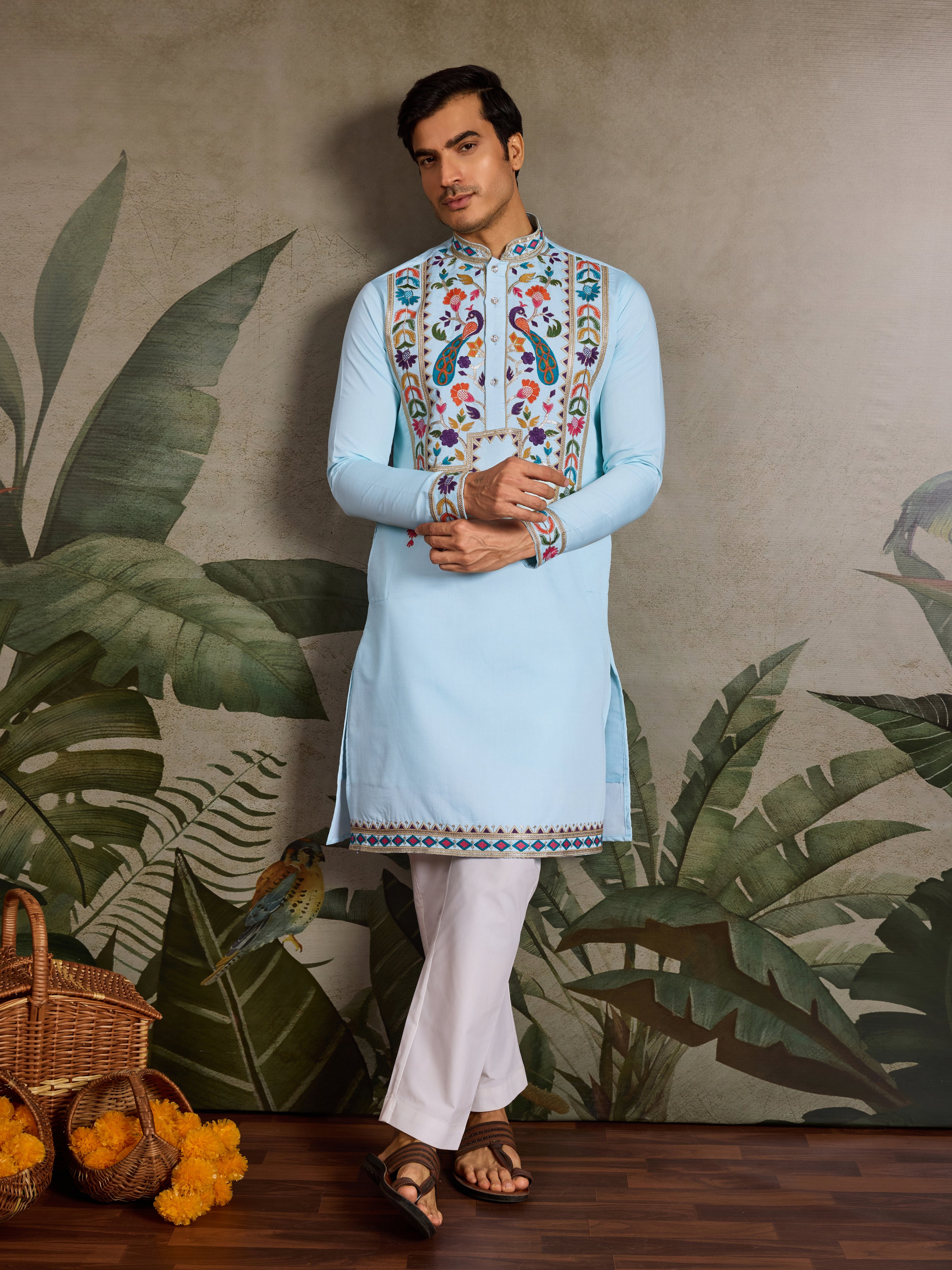 Premium Sky Blue Embroidered Mens Kurta for Celebrations
