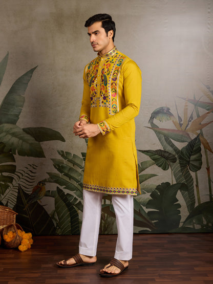 Haldi Special Yellow Embroidered Kurta for Men