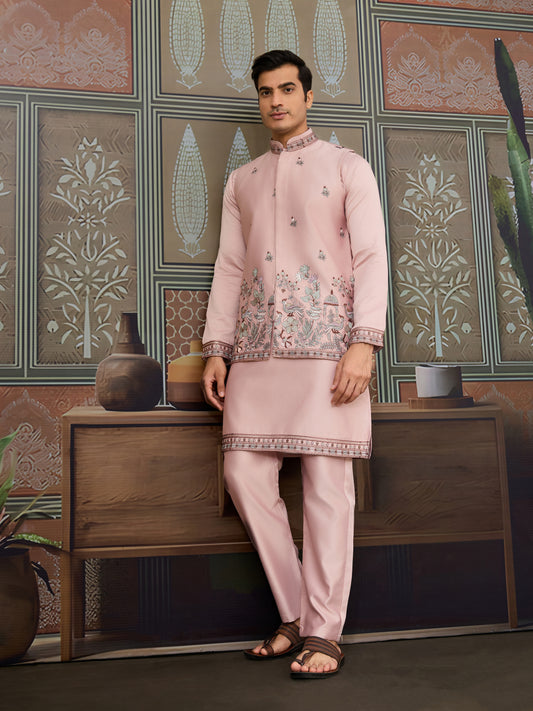 Pink Unique Color Embroidered Koti Kurta Pajama for Mens