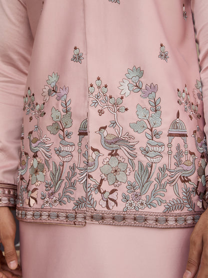 Pink Unique Color Embroidered Koti Kurta Pajama for Mens