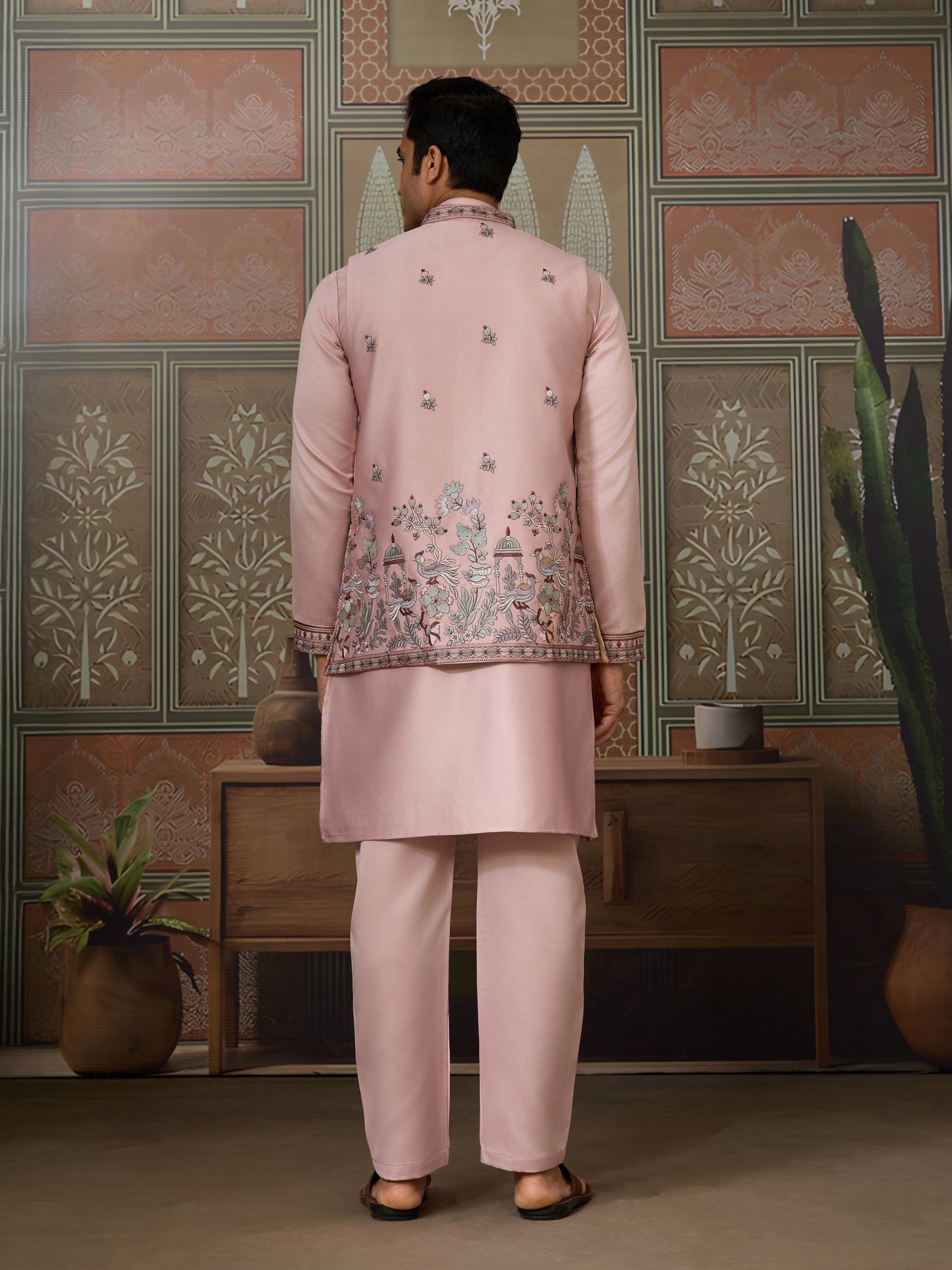 Pink Unique Color Embroidered Koti Kurta Pajama for Mens
