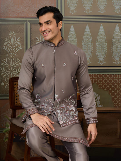 Grey Embroidered Koti Kurta Set for Mens Wear