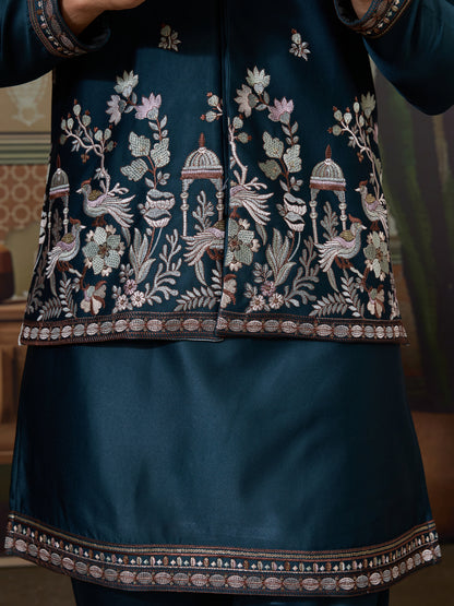 Traditional Teal Blue Koti Kurta Set for Mens Wear