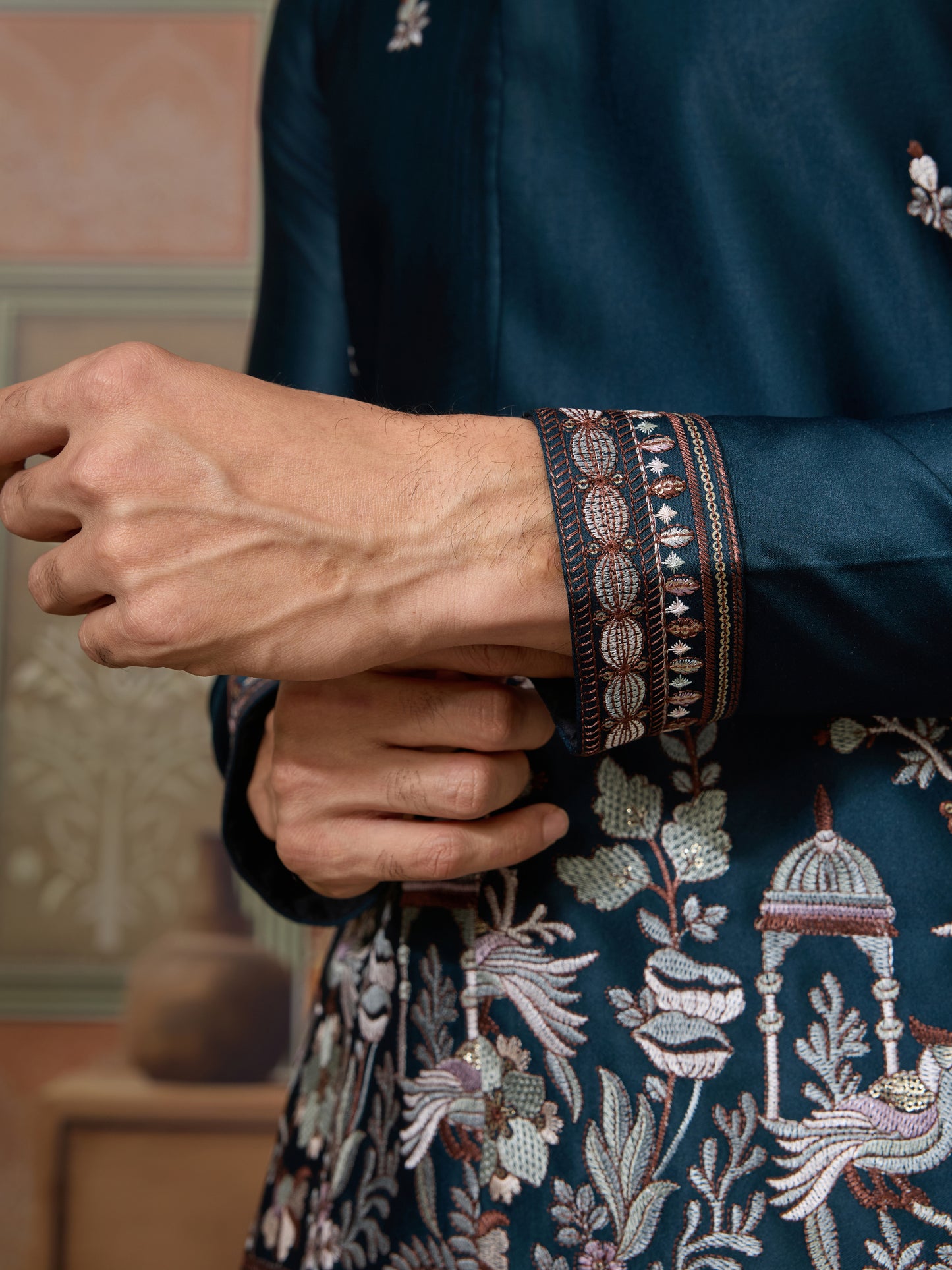 Traditional Teal Blue Koti Kurta Set for Mens Wear