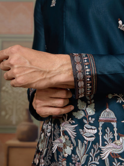 Traditional Teal Blue Koti Kurta Set for Mens Wear