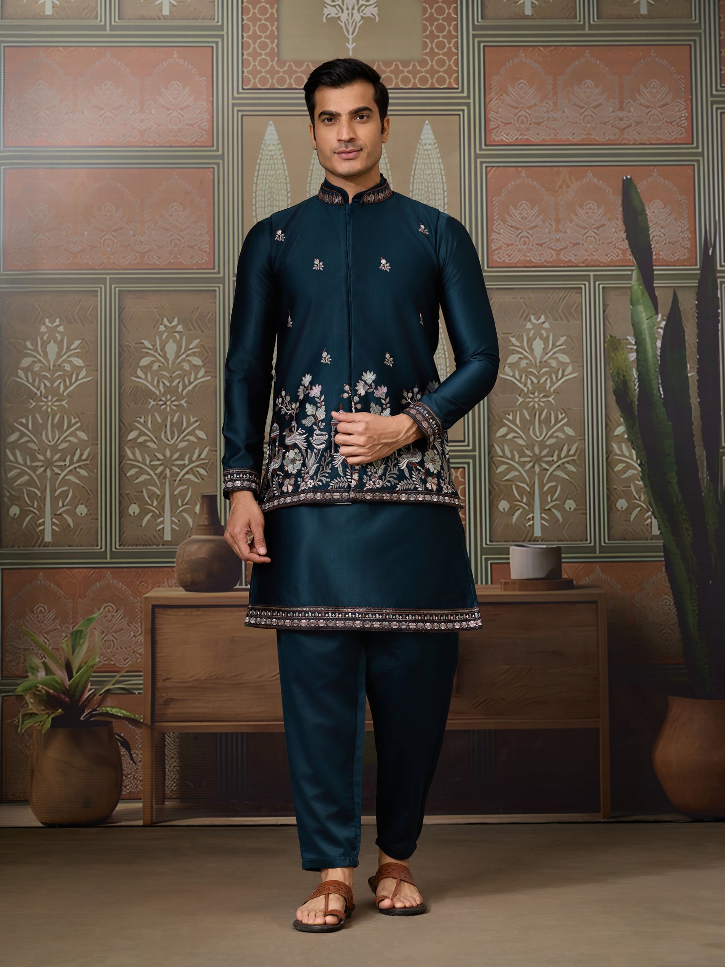 Traditional Teal Blue Koti Kurta Set for Mens Wear