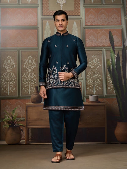 Traditional Teal Blue Koti Kurta Set for Mens Wear