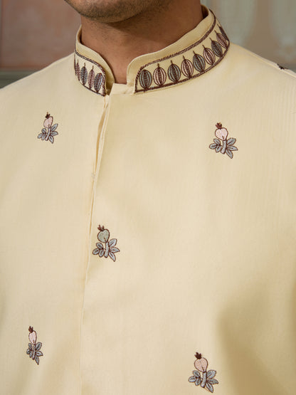 Haldi Special Light Yellow Koti Kurta Set for Mens Wear