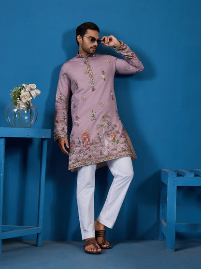 Heavy Embroidered Dusty Pink Kurta for Men