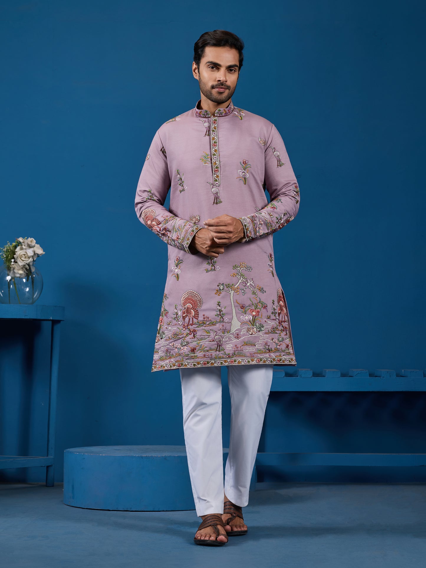 Heavy Embroidered Dusty Pink Kurta for Men