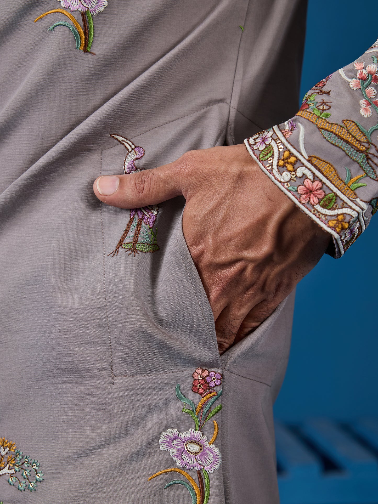 Classy Grey Embroidered Mens Kurta for Wedding Events