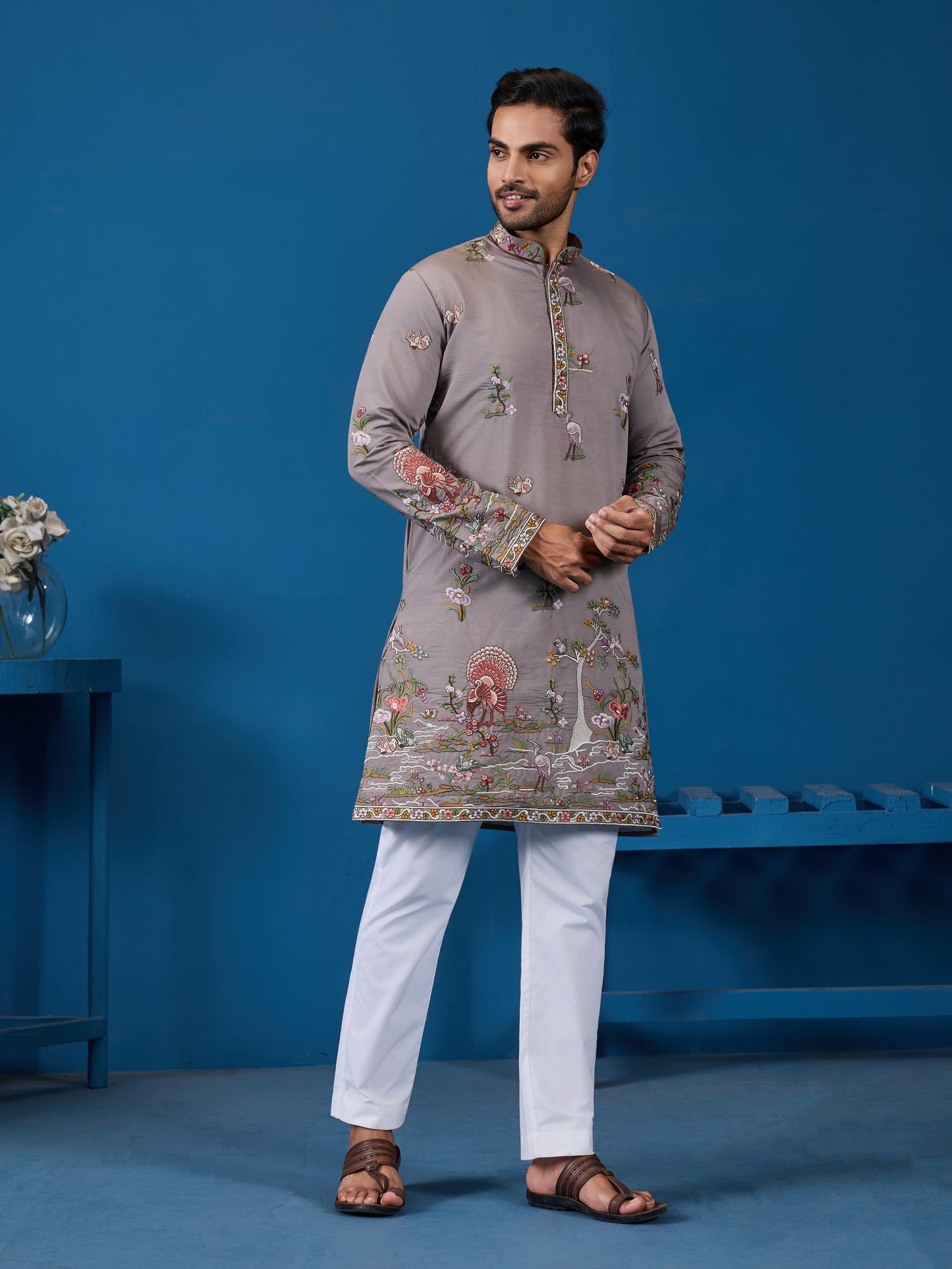 Classy Grey Embroidered Mens Kurta for Wedding Events