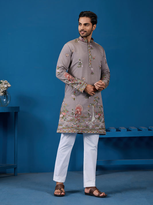 Classy Grey Embroidered Mens Kurta for Wedding Events