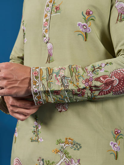 Traditional Pista Green Embroidered Kurta for Men