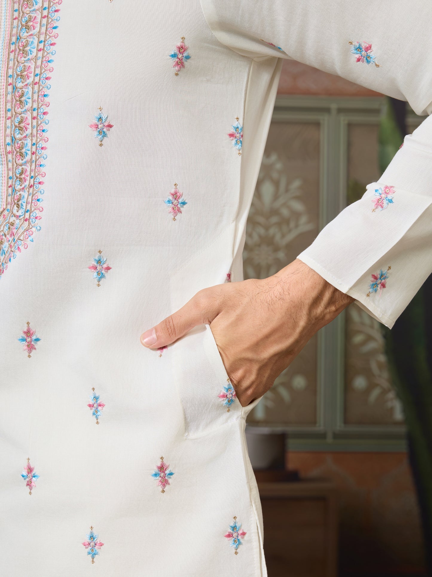Ethnic White Embroidered Koti Kurta Set for Men