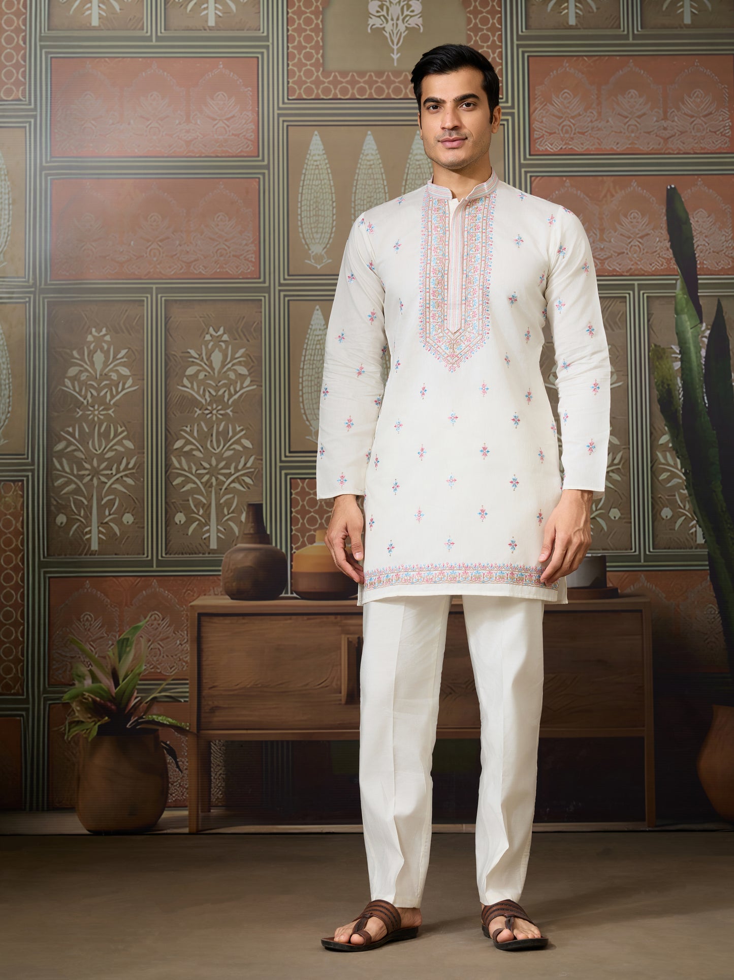 Ethnic White Embroidered Koti Kurta Set for Men