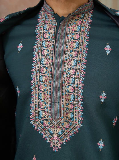 Premium Designer Rama Green Koti Kurta Pair for Men