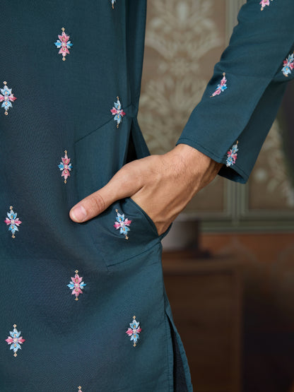 Premium Designer Rama Green Koti Kurta Pair for Men