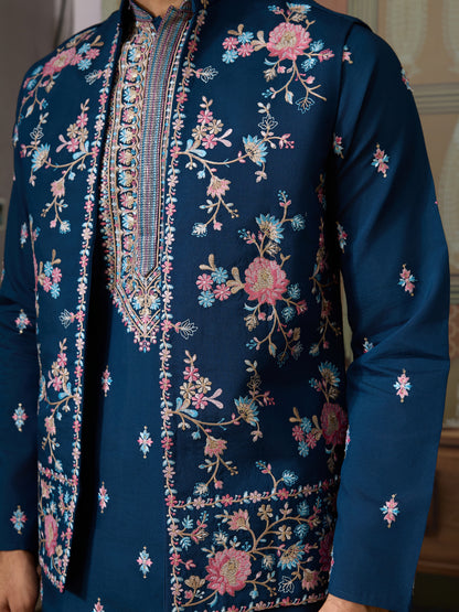 Modern Teal Blue Open Koti Kurta Set for Men