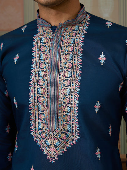 Modern Teal Blue Open Koti Kurta Set for Men