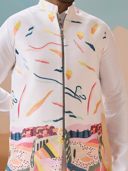 White Wedding Wear Carnival Koti Kurta Pair for Mens Wear