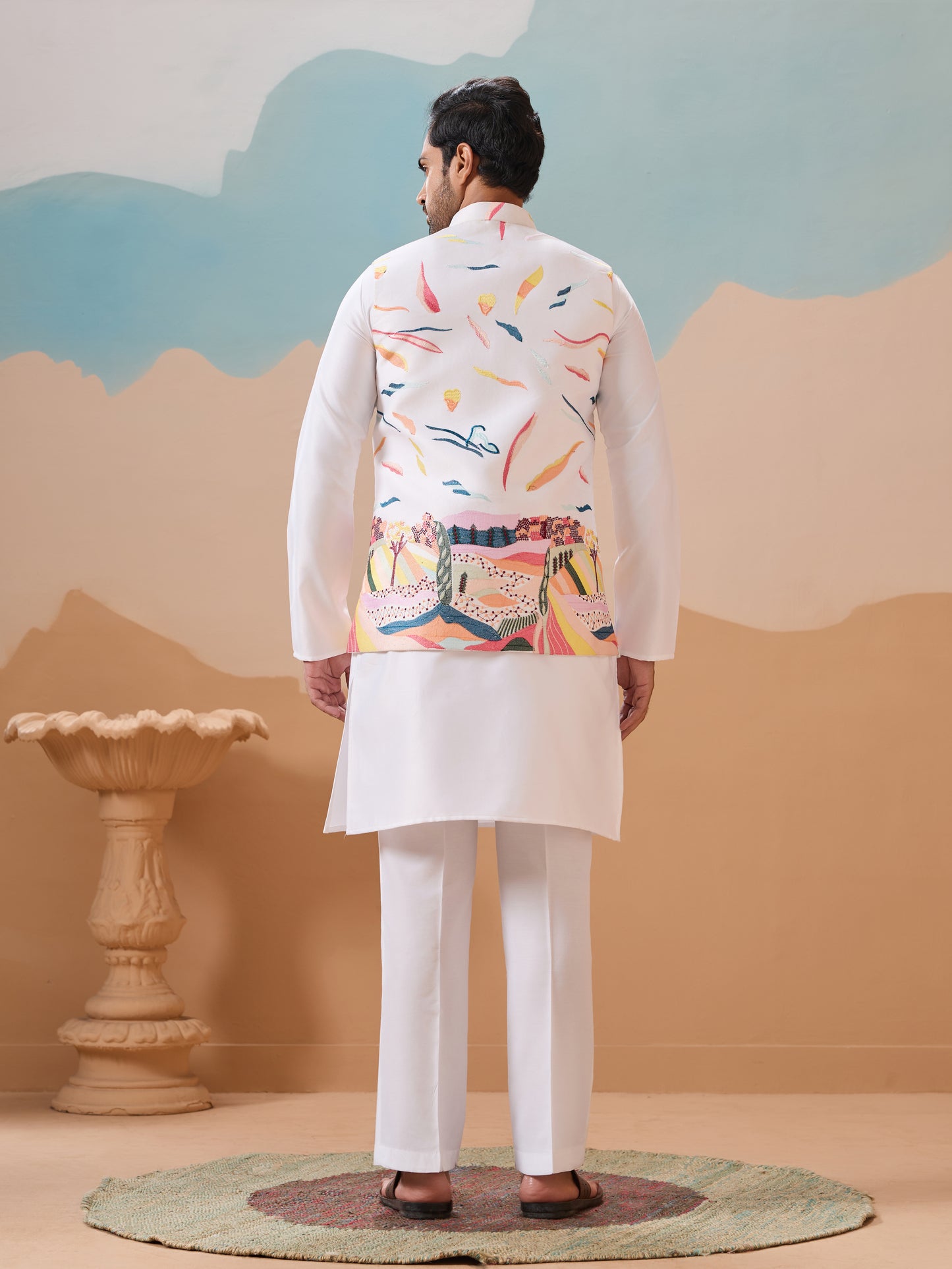 White Wedding Wear Carnival Koti Kurta Pair for Mens Wear