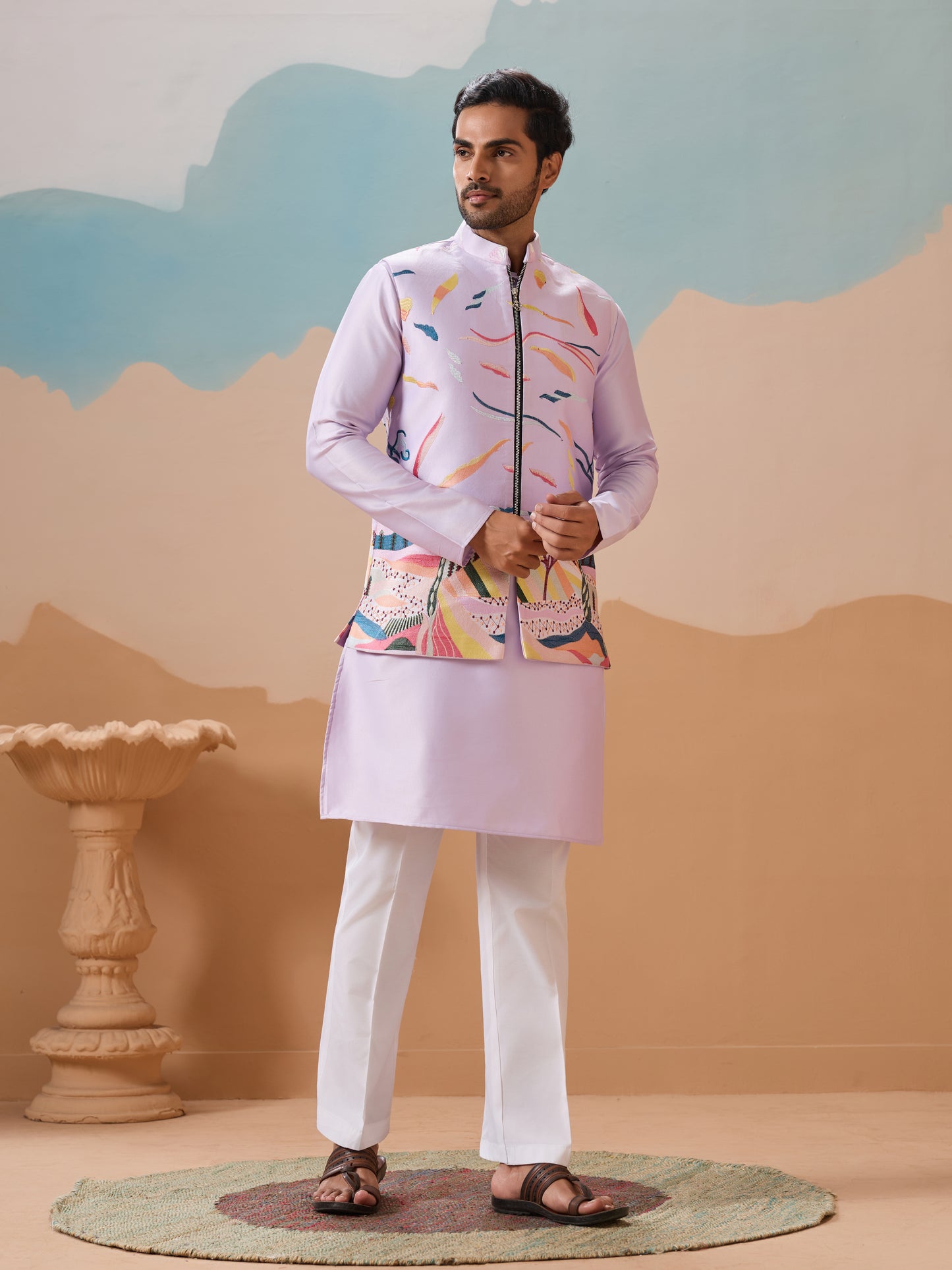 Lavender Wedding Carnival Koti Kurta Set for Mens