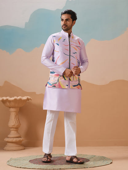 Lavender Wedding Carnival Koti Kurta Set for Mens