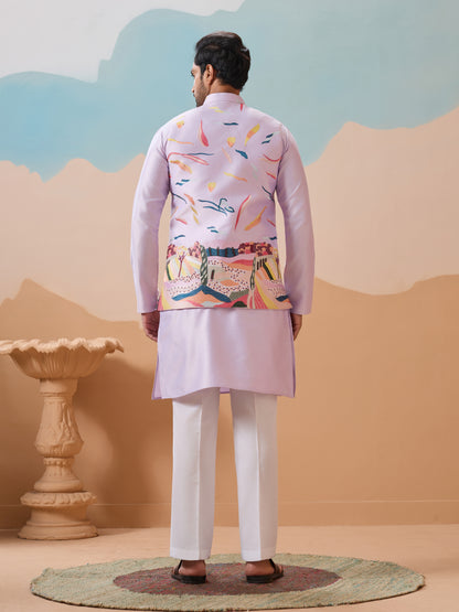 Lavender Wedding Carnival Koti Kurta Set for Mens