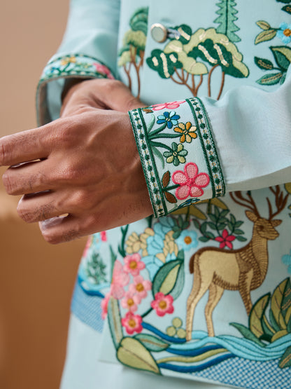 Stylish Sky Color Mens Koti Kurta Set Collection