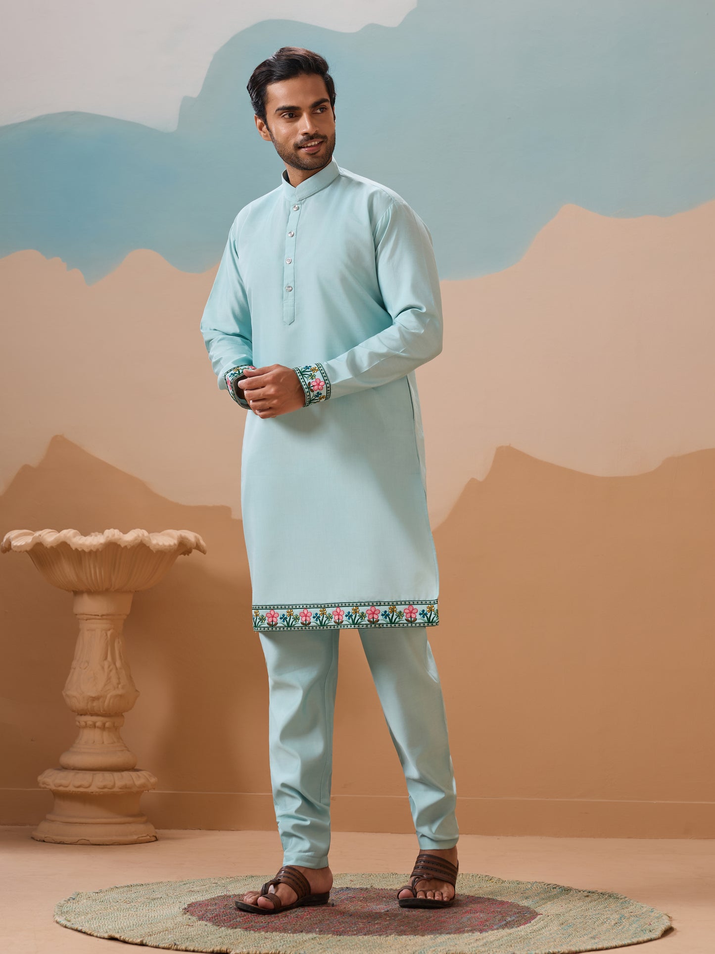 Stylish Sky Color Mens Koti Kurta Set Collection
