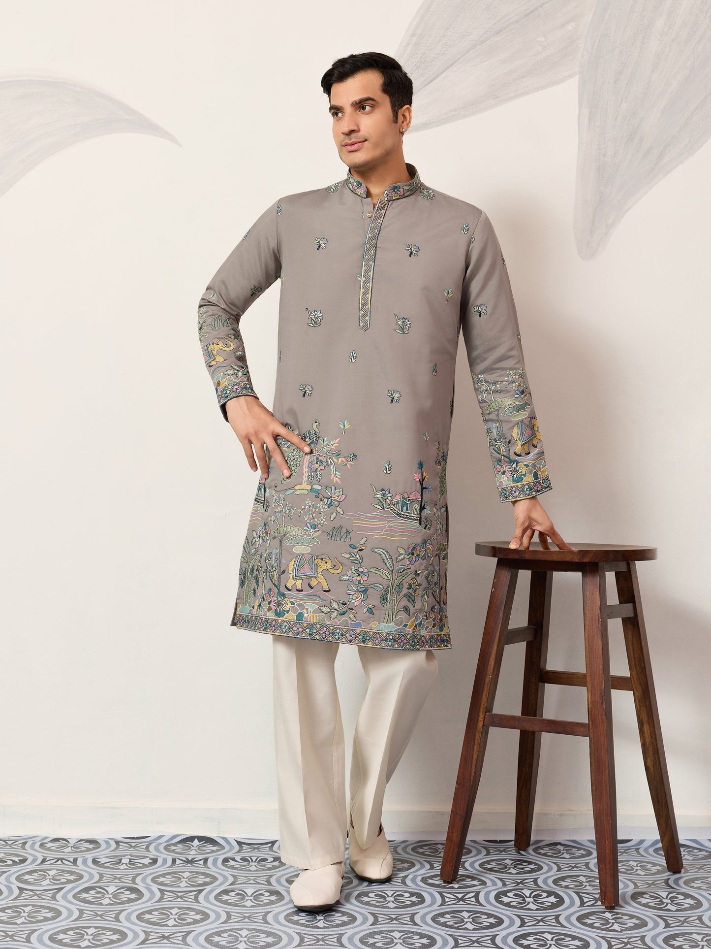 Wedding Traditional Look Grey Kurta for Mens Wear