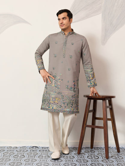 Wedding Traditional Look Grey Kurta for Mens Wear