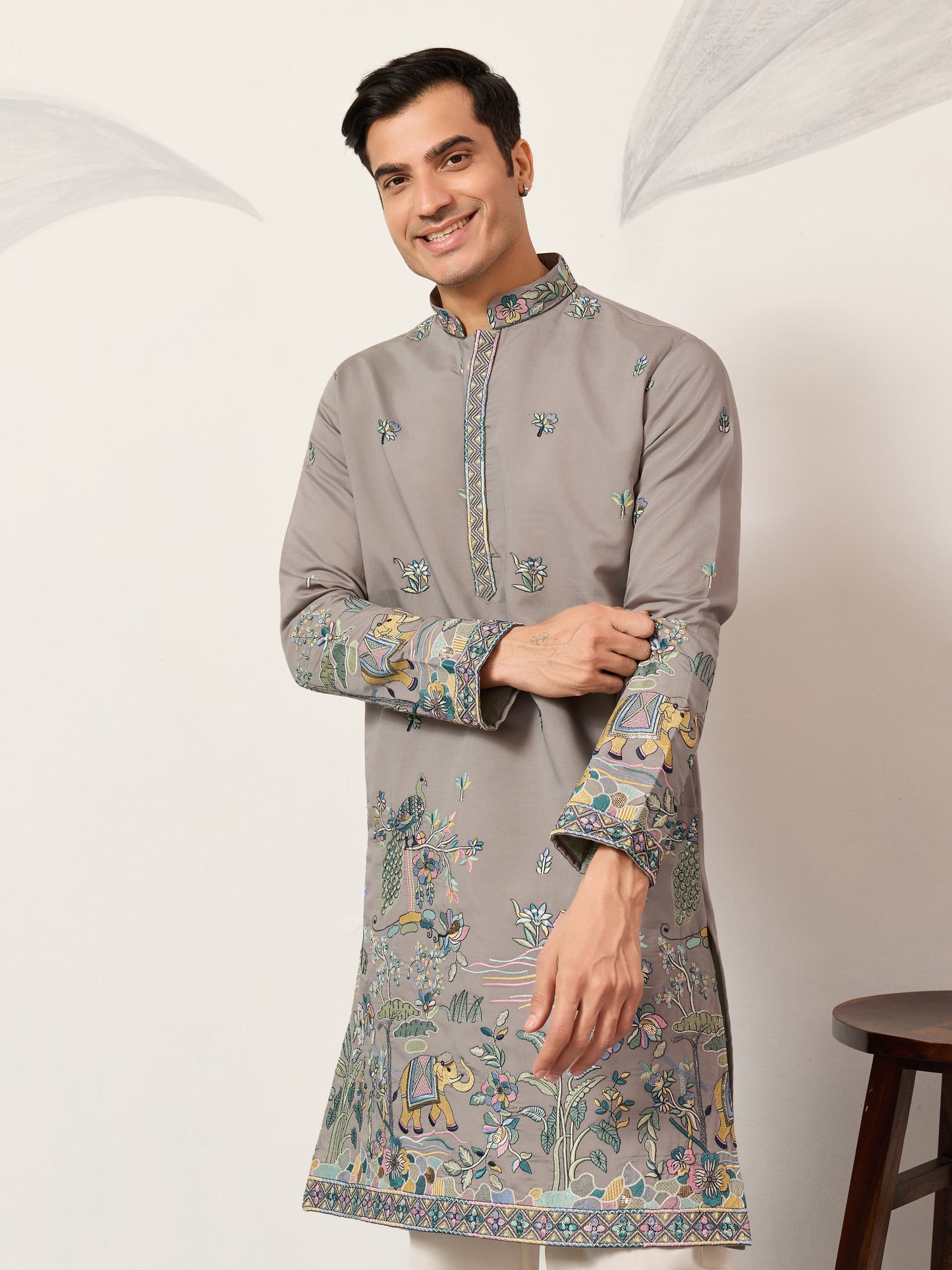 Wedding Traditional Look Grey Kurta for Mens Wear