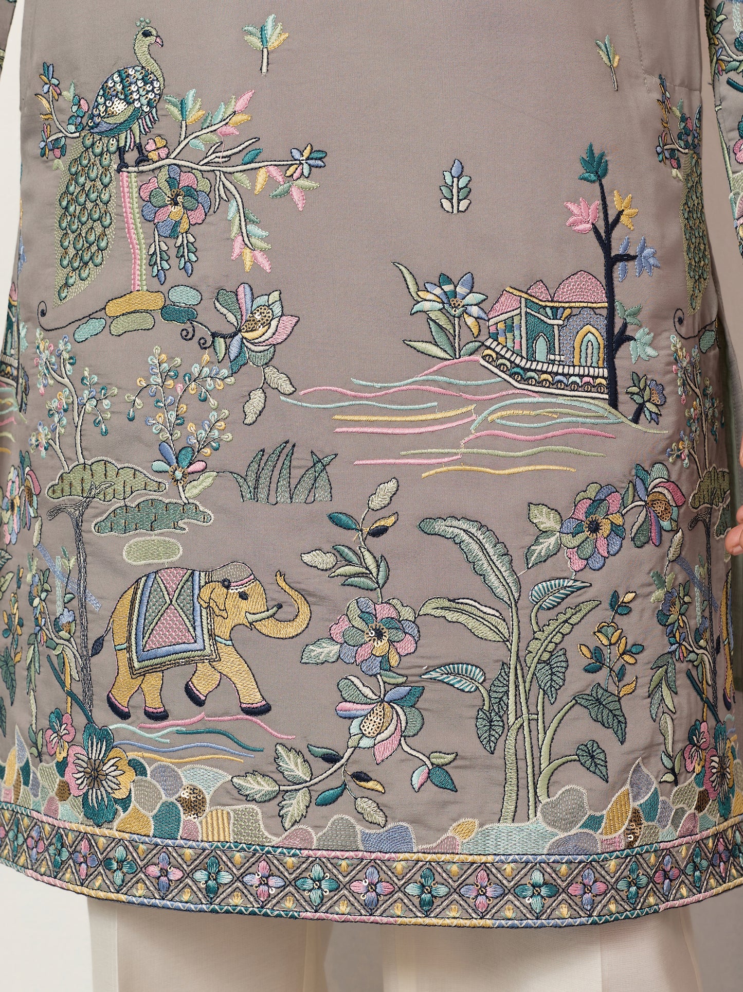 Wedding Traditional Look Grey Kurta for Mens Wear