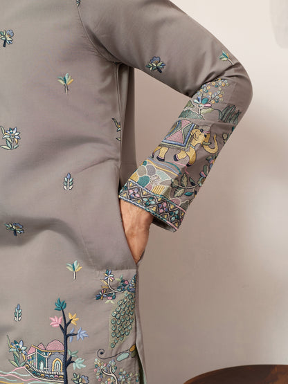 Wedding Traditional Look Grey Kurta for Mens Wear