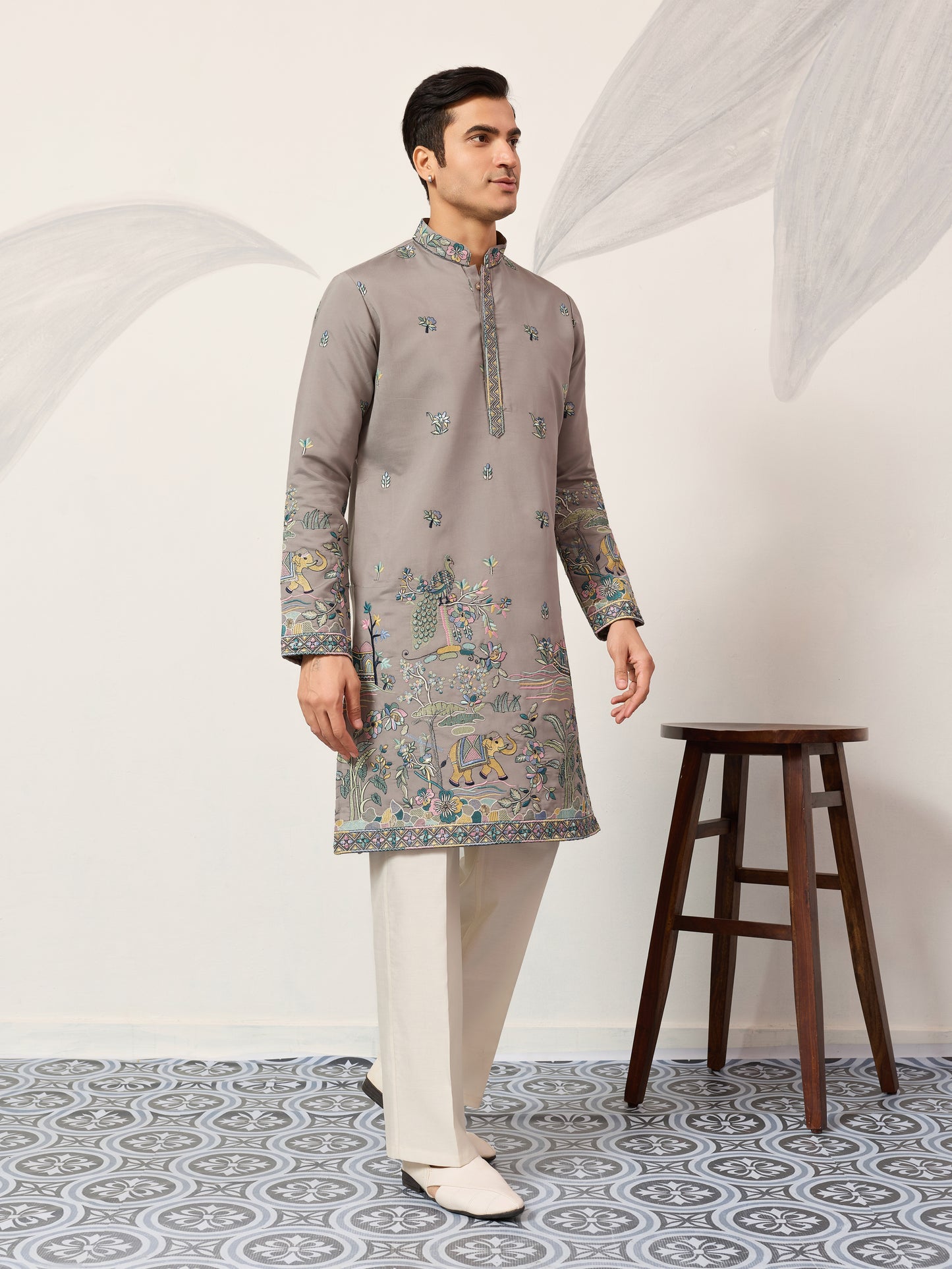 Wedding Traditional Look Grey Kurta for Mens Wear