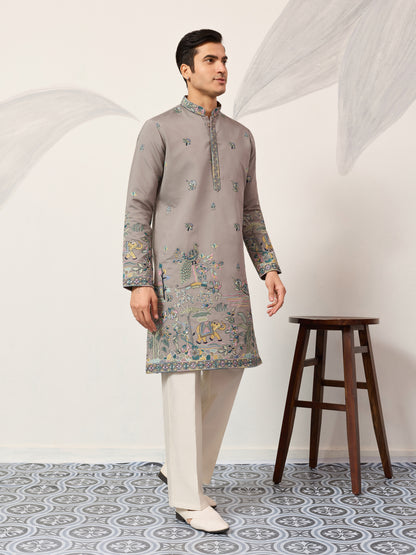 Wedding Traditional Look Grey Kurta for Mens Wear