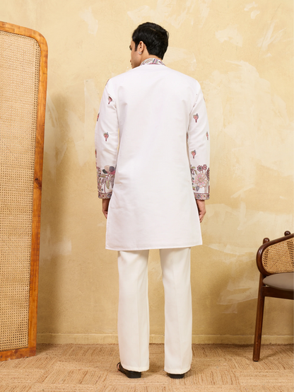 Traditional White Viscose Silk Wedding Kurta and Dupatta for Men