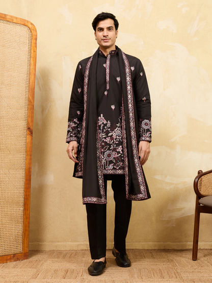 Royal Black Viscose Silk Kurta and Dupatta Set for Men Ethnic Wear
