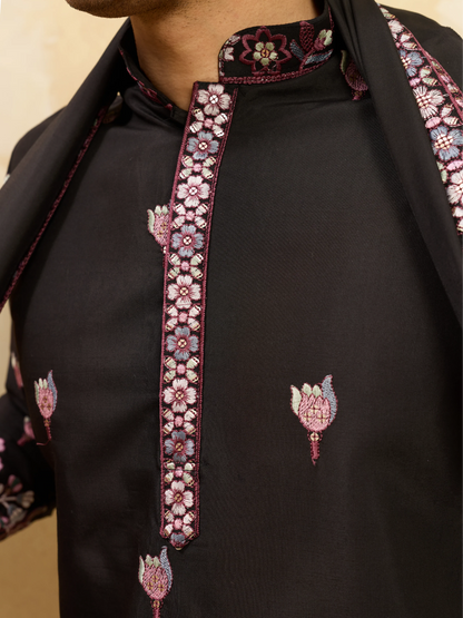 Royal Black Viscose Silk Kurta and Dupatta Set for Men Ethnic Wear