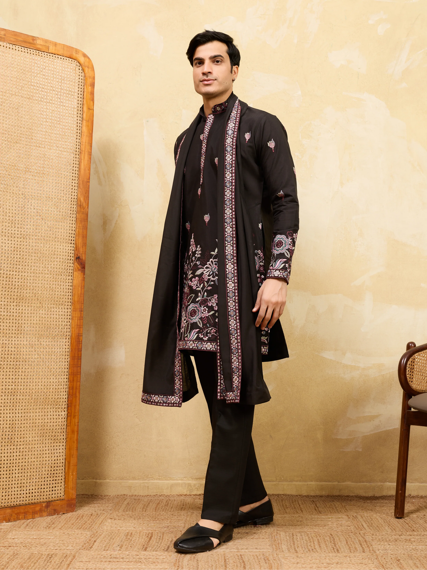 Royal Black Viscose Silk Kurta and Dupatta Set for Men Ethnic Wear