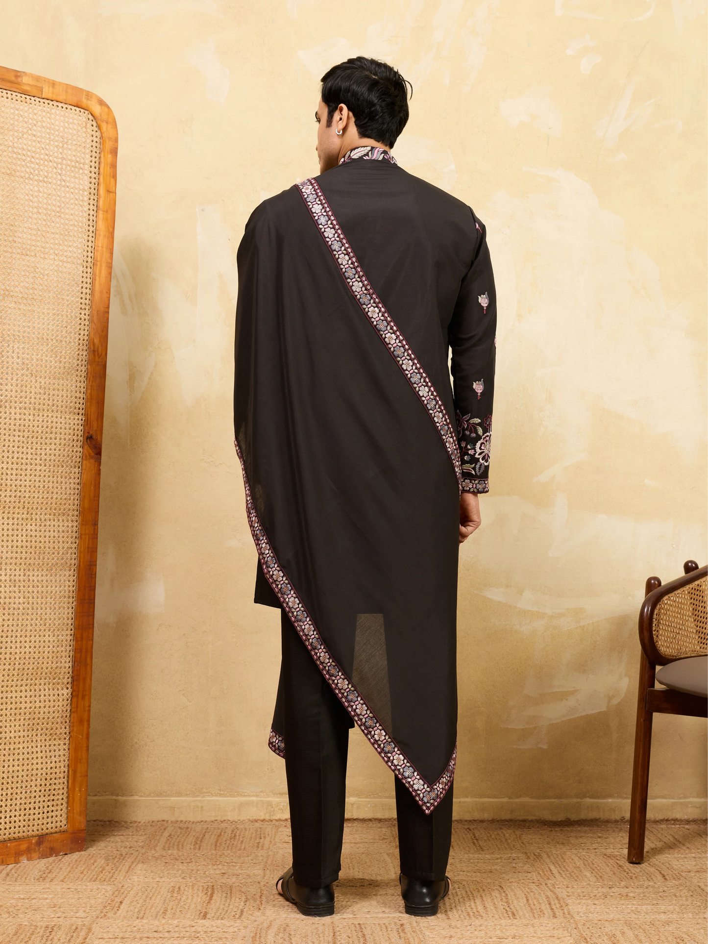 Royal Black Viscose Silk Kurta and Dupatta Set for Men Ethnic Wear