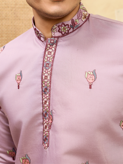 Elegant Lavender Embroidered Kurta with Dupatta for Men